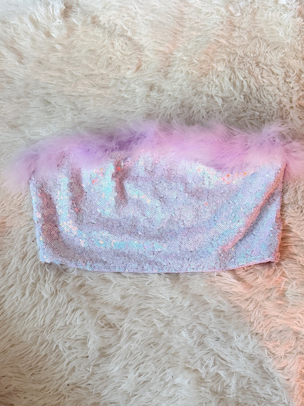 Pink Feather Trim Sequin Strapless Crop Top